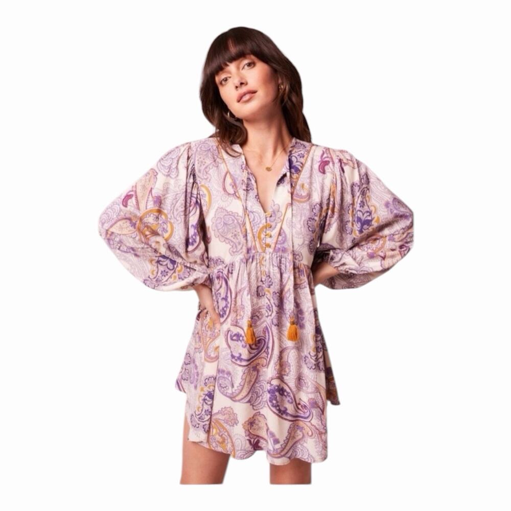 Band of the Free Paisley Boho Mini Dress Cream Purple Tassel Tie NWT Medium
